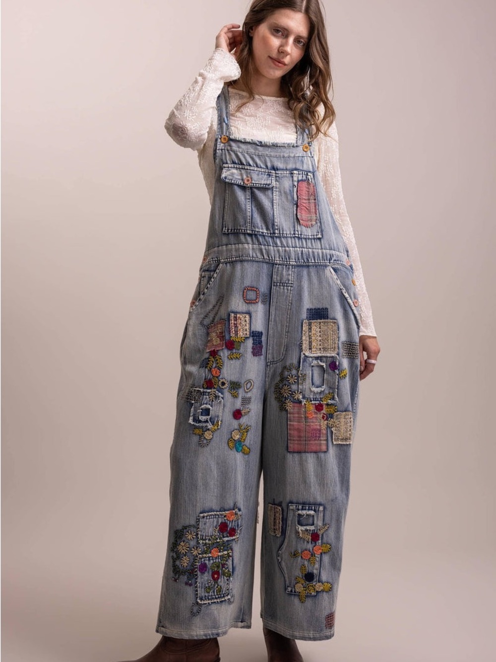 Blue Velvet Embroidered Patchwork Mineral Wash Overalls